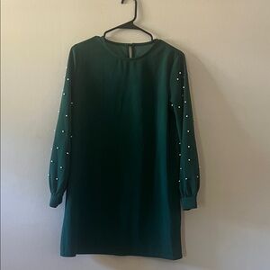 SHEIN Green Long Sleeve Dress with Pearl Details